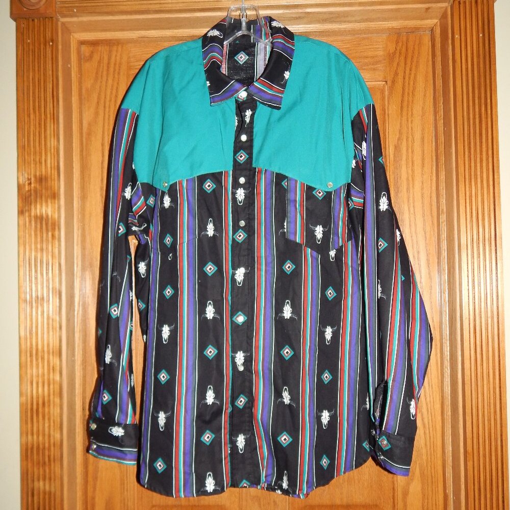 Men's Size 2XL Custom Handmade Western Cowboy Pearl Snap Shirt Aztec Longhorn